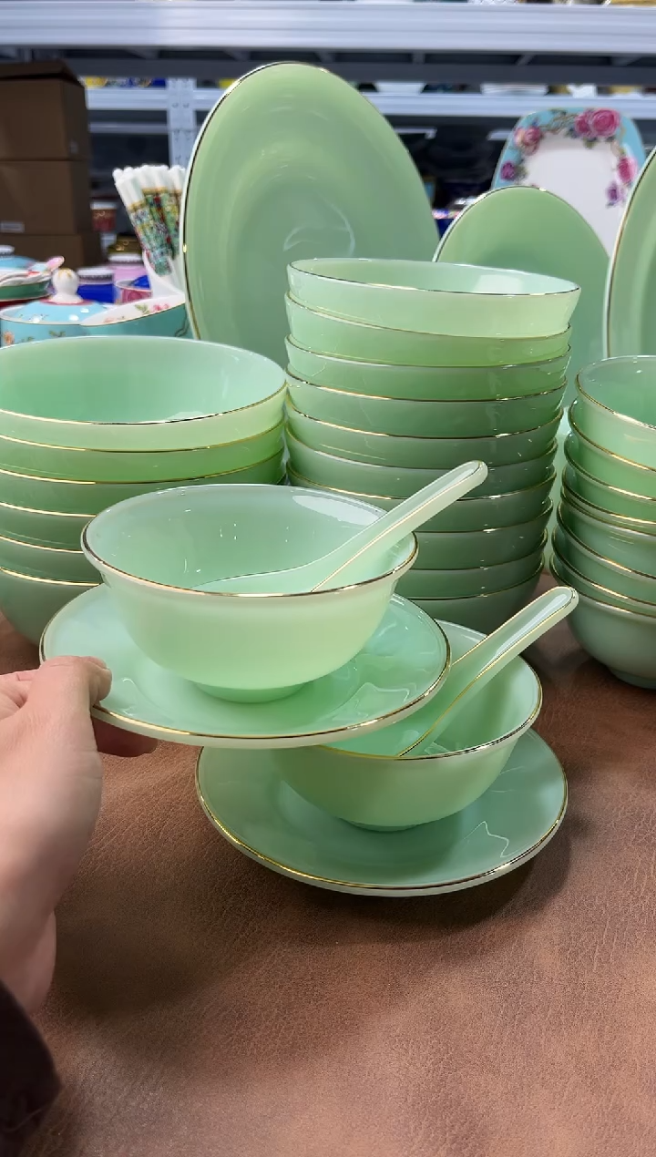 玉瓷三件套碟碗勺2套景德镇陶瓷