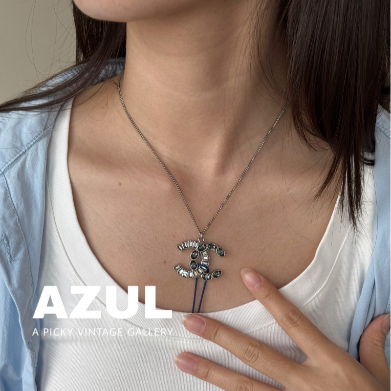 95新 Chanel/香奈儿 Azul-17B银色方钻拼圆钻大双C项链/51288