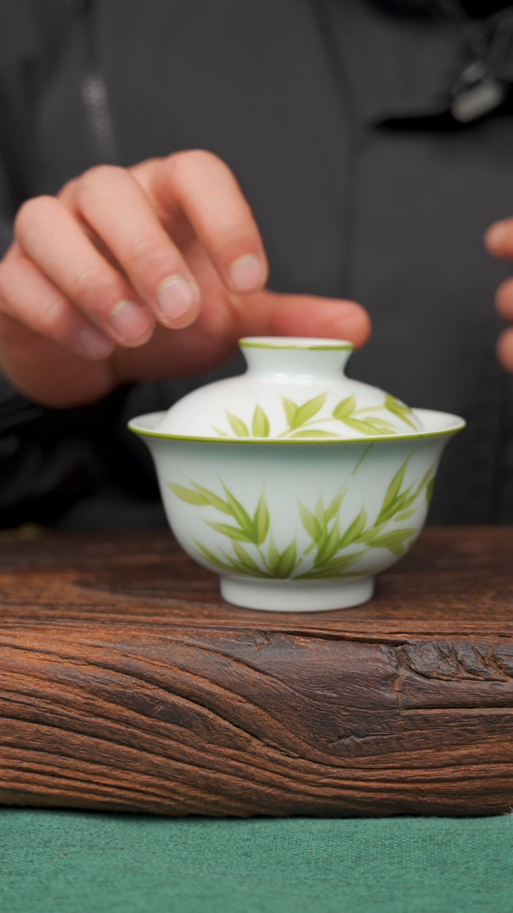 【闪购商品】瓷片寻一缕瓷香杯釉下手工手绘瓷器 竹子盖碗
