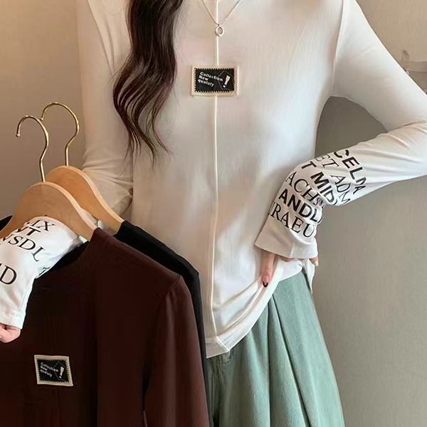 大码圆领字母印花拼接撞色长袖T恤女宽松时尚打底上衣潮2025新款