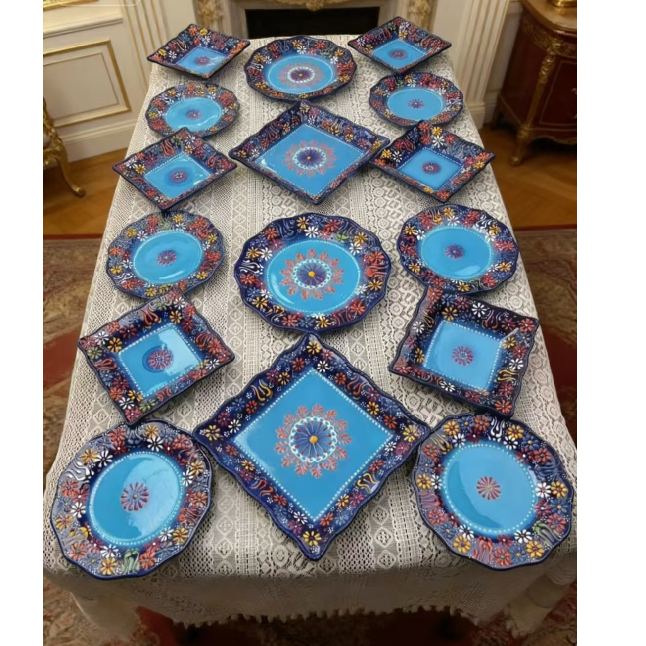【土耳其堆料套装】新品蓝贵手绘高端轻奢陶瓷餐具16头小套装