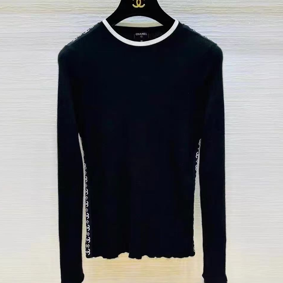 99新 Chanel/香奈儿 黑白配色双C链条肩膀侧腰饰边针织衫34码