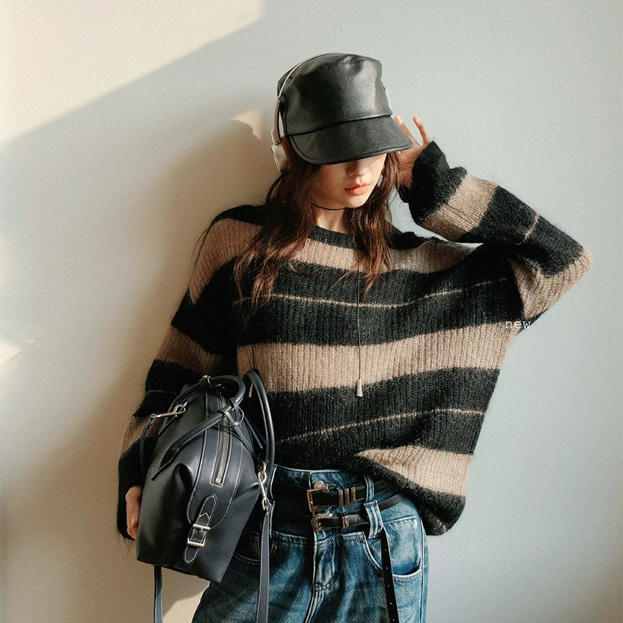【55128】潮#休闲百搭条纹圆领毛衣上衣