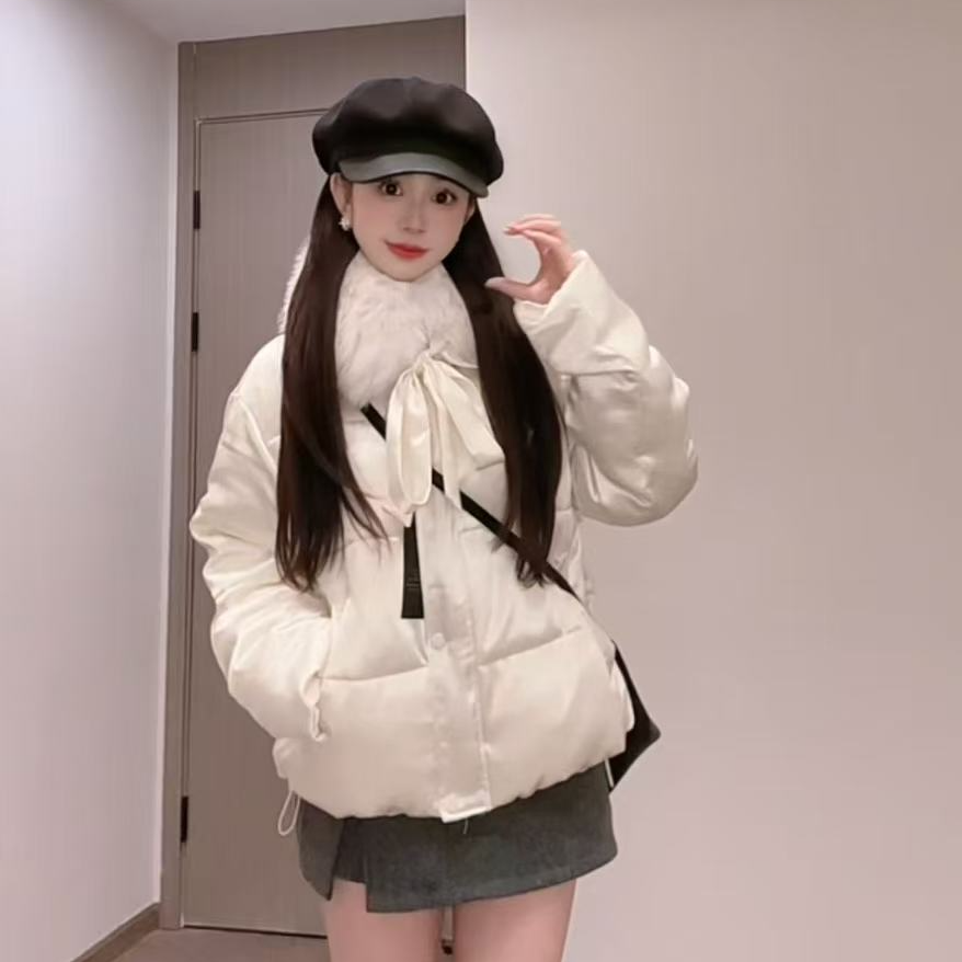 千金感毛领可拆卸缎面羽绒棉服-8833