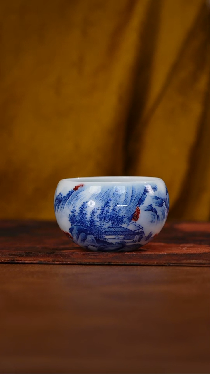 画堂春釉里红山水墩墩杯@@htc1421