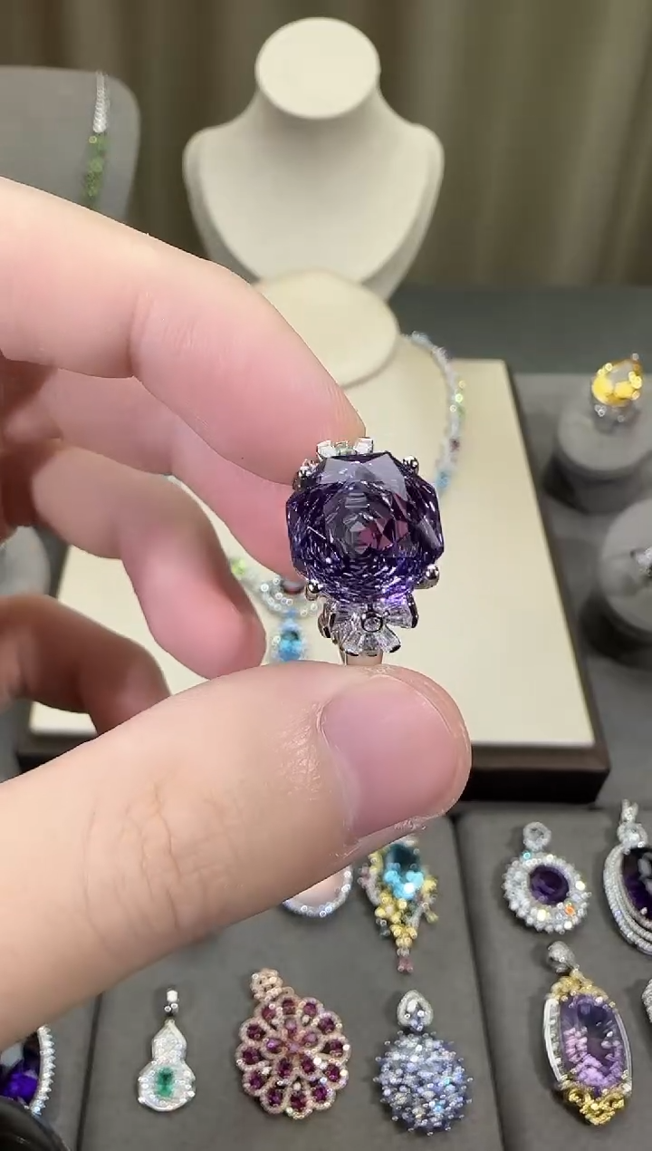 银S925镶嵌戒指紫晶12mm戒指玫瑰款