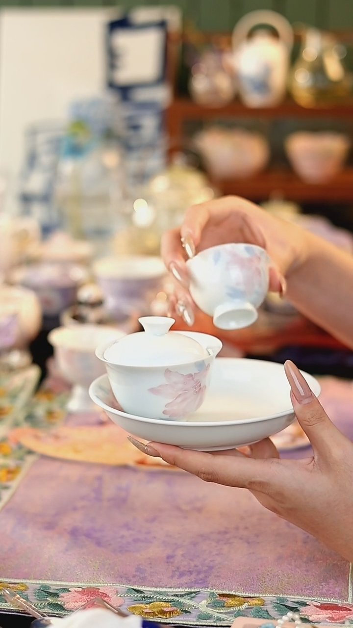 瓷片111111梵汝白瓷百合盖碗+壶承+杯子