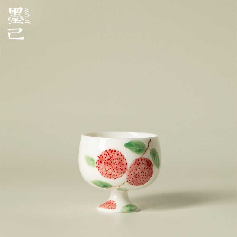 墨己玉泥手绘荔枝陶瓷茶杯功夫茶具精致圆融高足杯家用主人杯单杯