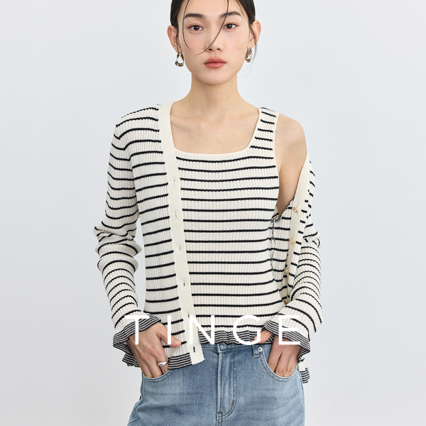 TINGE/贴己贴己条纹V领百搭衣服背心开衫叠穿针织套装上衣t恤