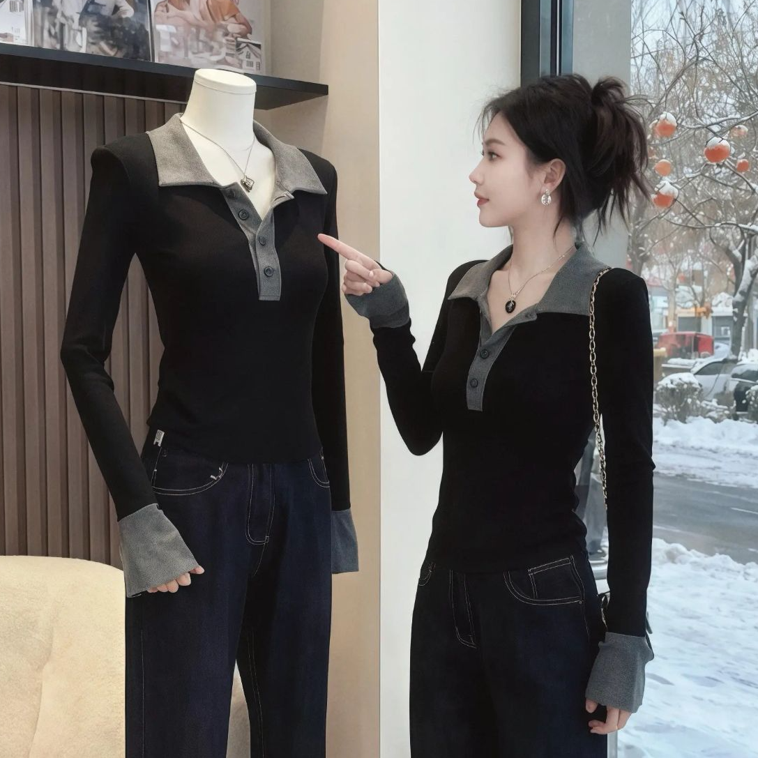 大码微胖MM正肩POLO长袖撞色T恤拼接春季新款修身显瘦运动打底衫