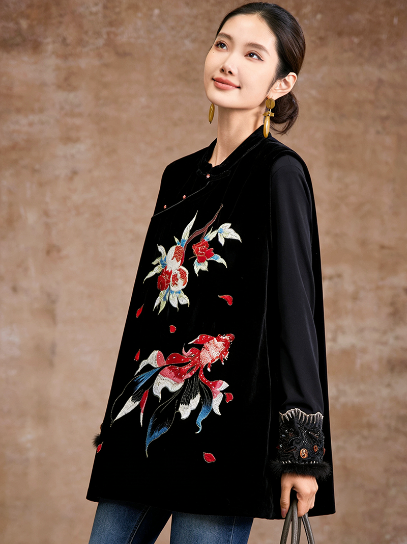 1-【红锦鲤】醋酸钉珠珠片刺绣马甲 辰月欧货南油女装马夹 