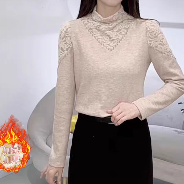 衣源716#加绒加厚蕾丝半高领长袖冬新款拼接打底衫（长约53）