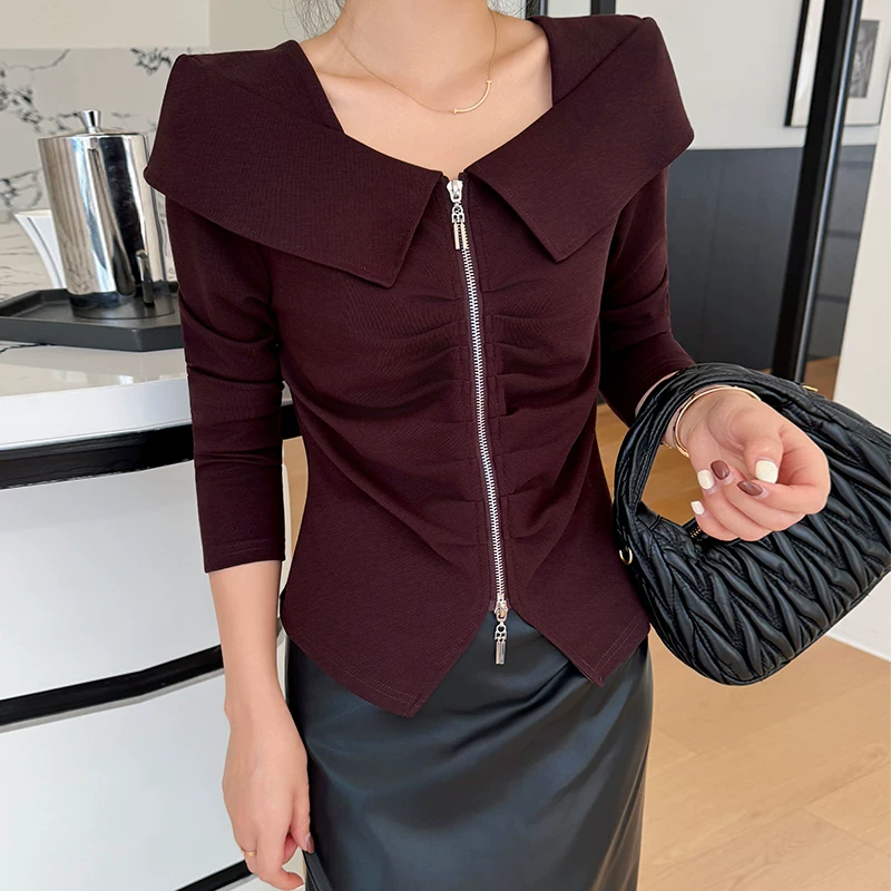 8902【衣长57】双拉链褶皱设计感打底衫女春秋新款洋气显瘦T恤【C6】