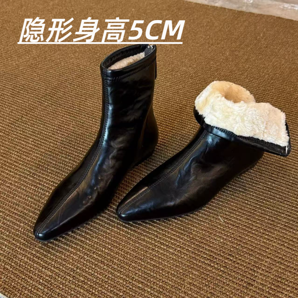 羊皮版~2025新款冬季法式复古风瘦瘦靴粗跟配裙子内增高加绒短靴