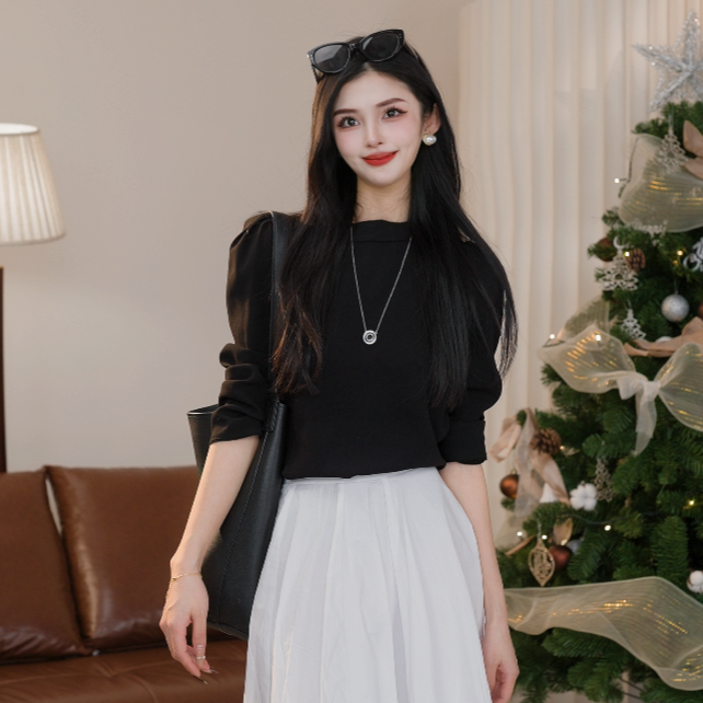 AMASS/阿玛施圆领花苞袖垂感极简造型上衣气质后拉链女士5300940