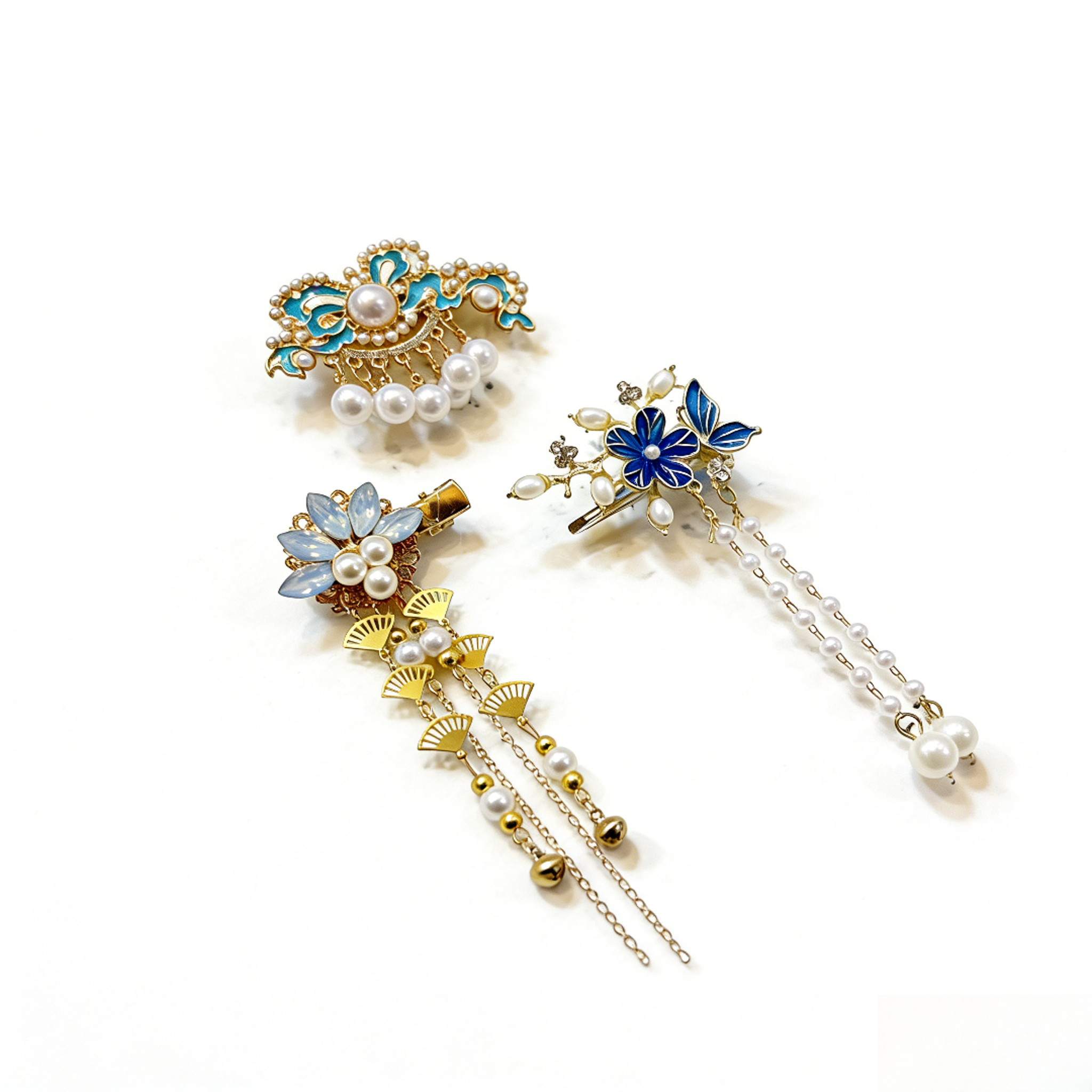 【边夹套组】国风古风烧蓝珍珠边夹高级花朵流苏汉服精致汉服唐A311