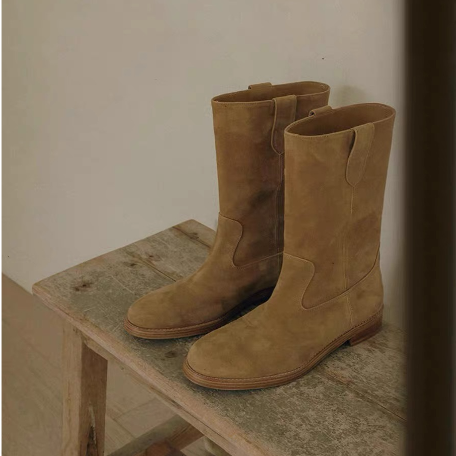 【里外全牛皮】牛皮奶棕色短靴圆头中筒骑士靴磨砂真皮短靴博主风女