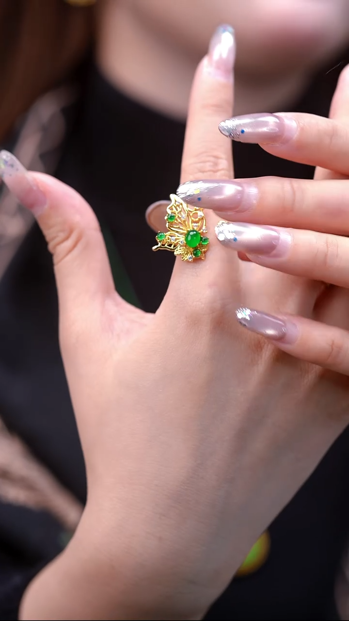 银S925镀金镶嵌戒指翡翠翡翠戒指