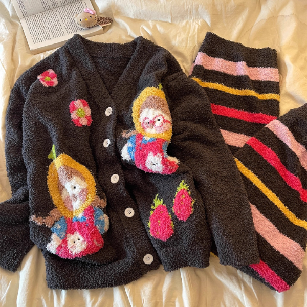 甜美可爱卡通小女孩针织半边绒睡衣女秋冬加厚保暖家居服套装外穿