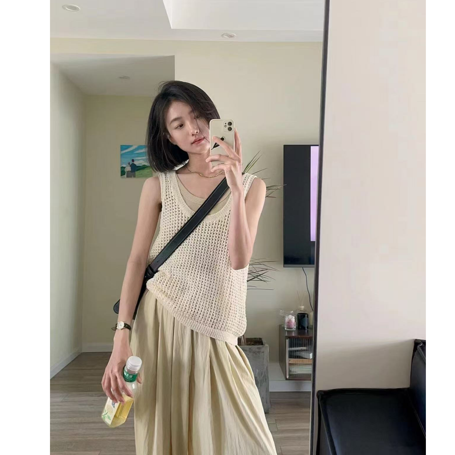 计感镂空针织无袖T恤背心女夏季上衣休闲裤子两件套装