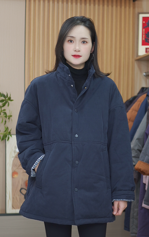 立领棉衣棉服女2025新款冬季休闲风宽松慵懒风中长款保暖夹棉外套