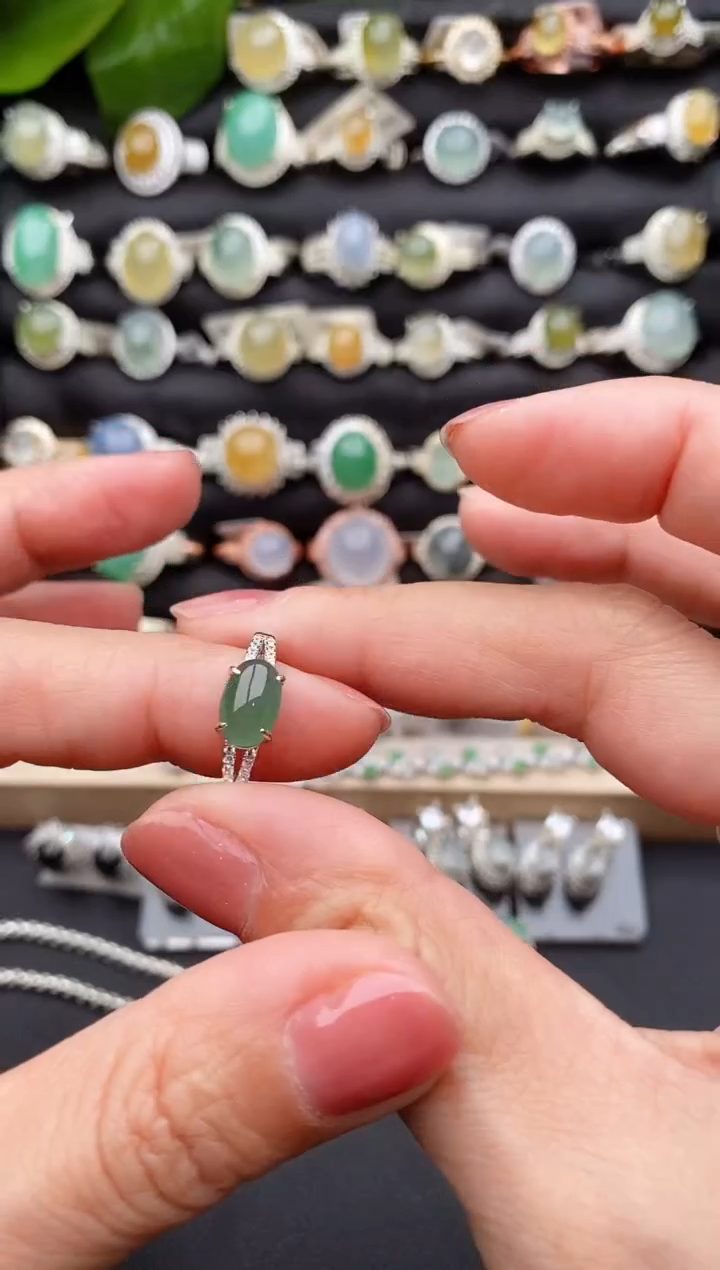 【闪购商品】翡翠戒指银S925镶嵌缅甸天然A货翡翠33 5-