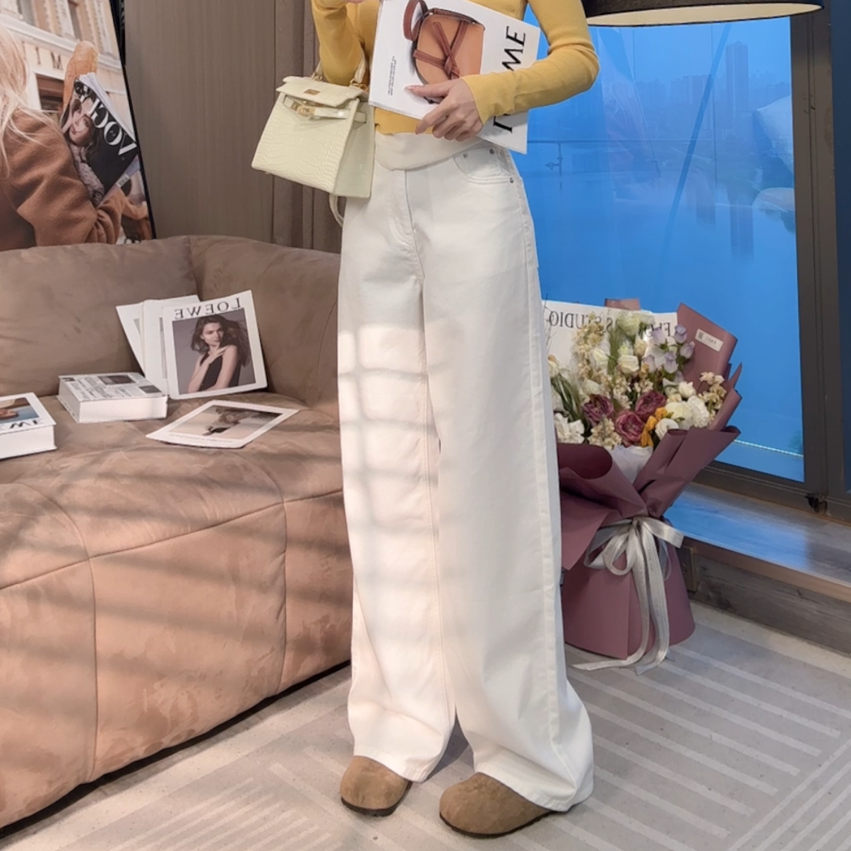 【晓溪服饰】春季上新时尚休闲显瘦高腰蕾丝花边直筒白色牛仔裤688