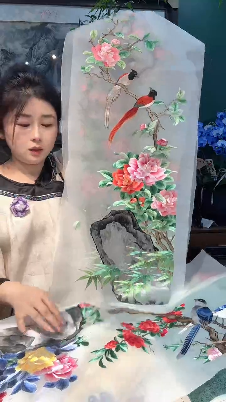 横款非遗苏绣手工刺绣绣片四条屏30×80