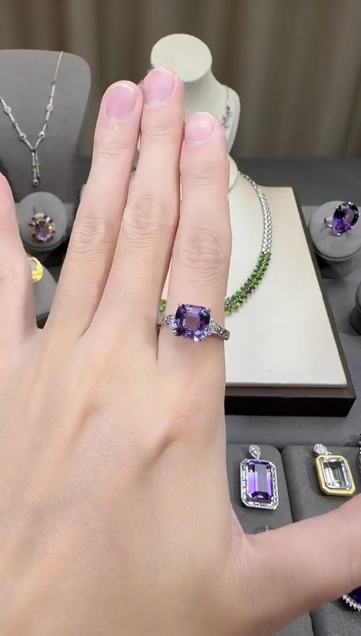 银S925镶嵌戒指紫晶9mm戒指简约设计款