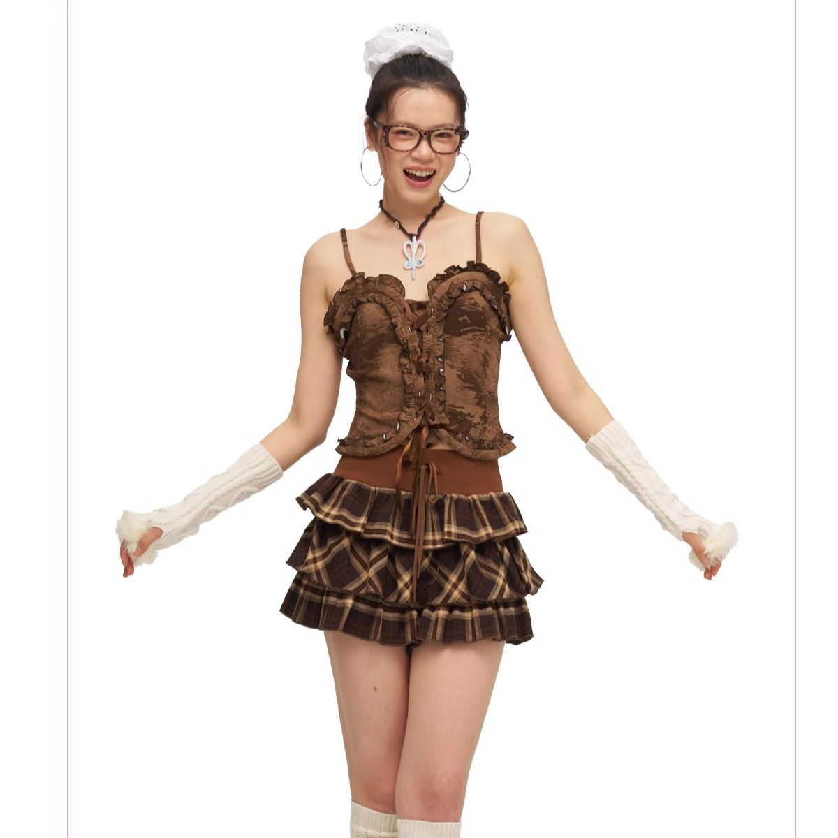 【自播】MOF礼物商店 森系复古百褶短裙格子螺纹腰三层裙摆短裙裤