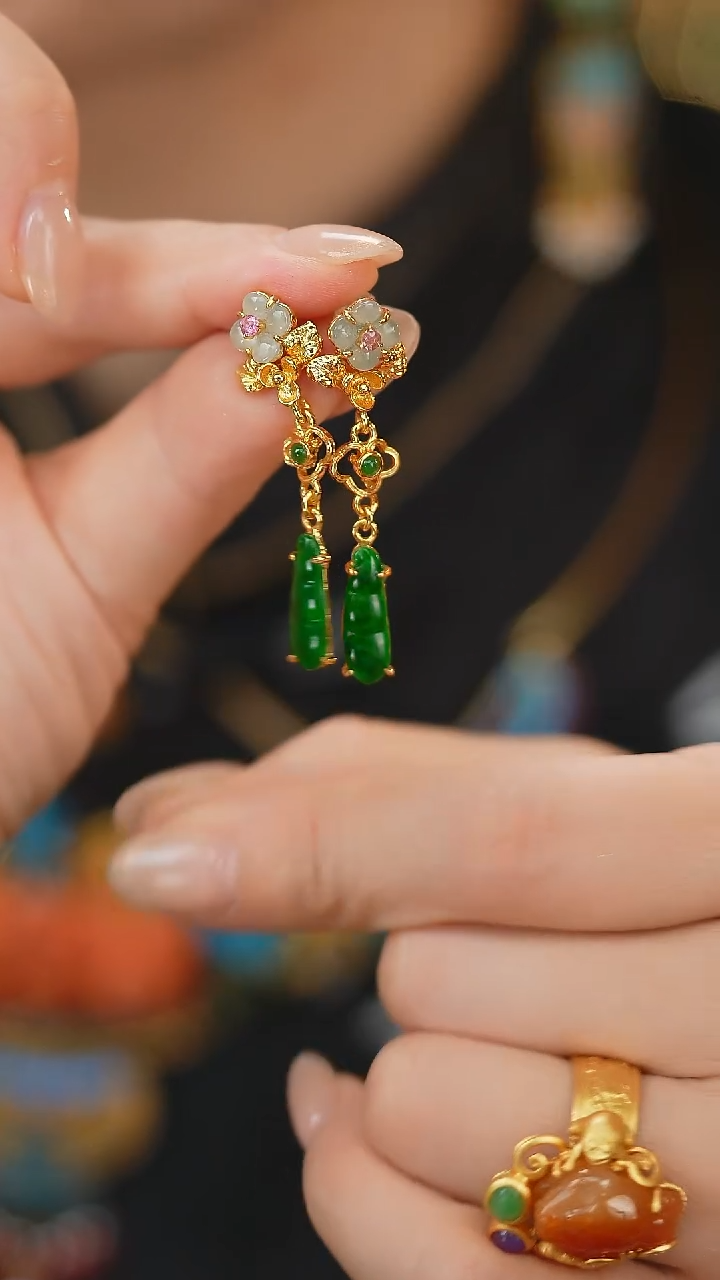 翡翠银S925镶嵌耳饰新款