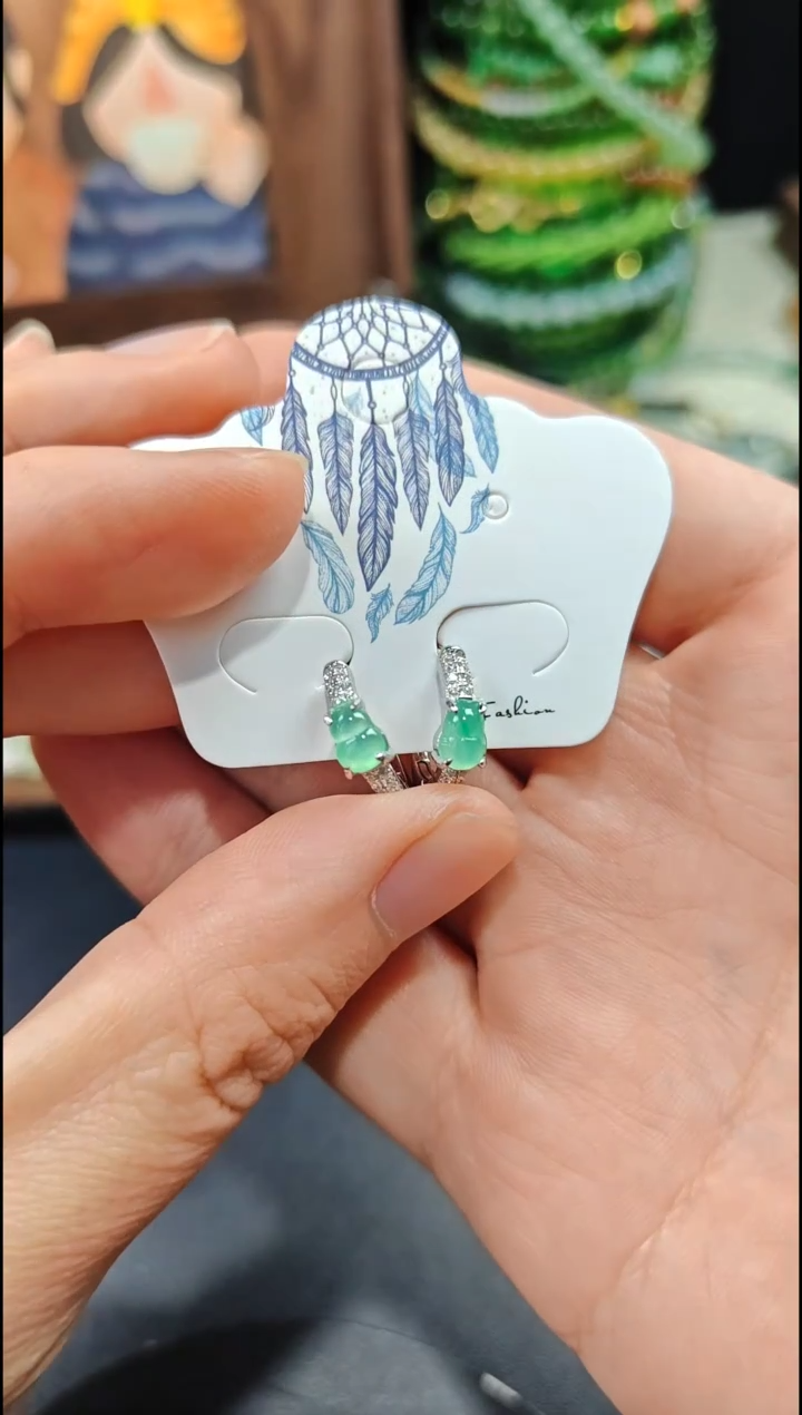 银S925镶嵌翡翠耳饰翡翠耳饰S925银镶嵌