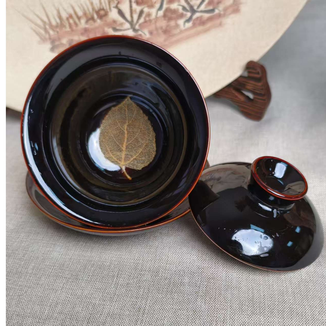 吉州窑木叶盖碗手工陶瓷盏杯