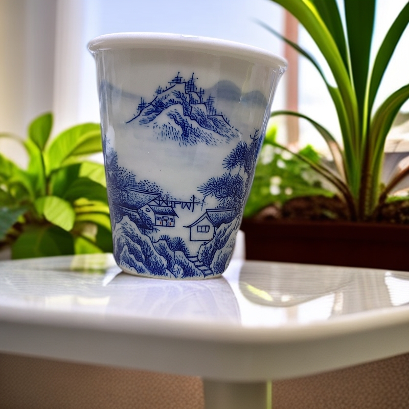 景德镇纯手工制作手绘青花山水可乐杯