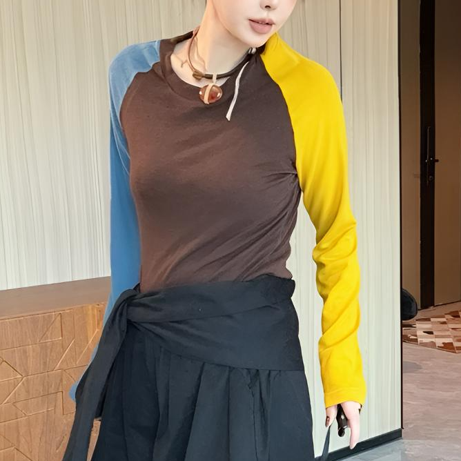 美式个性潮流撞色拼接上衣显瘦长袖百搭时尚拼色打底衫
