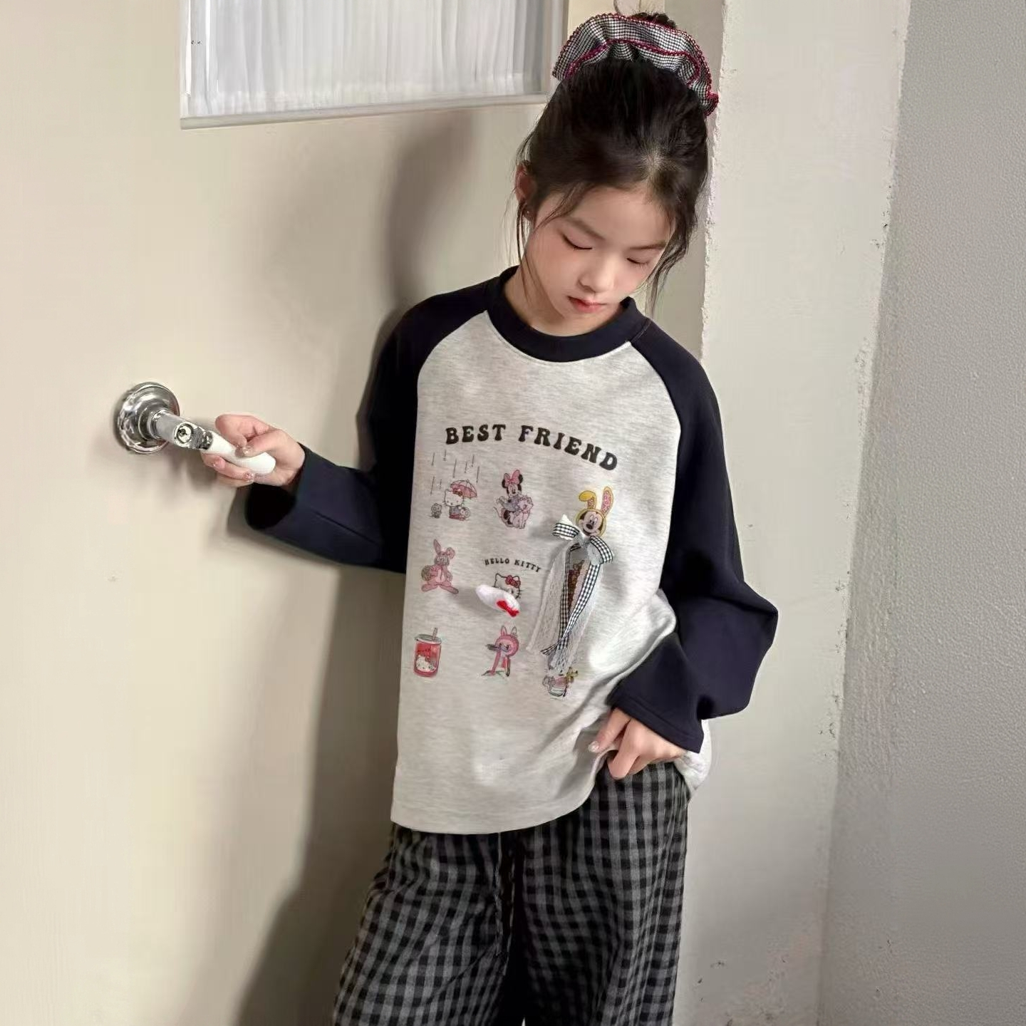 女童秋冬新品中大童韩版卡通米奇印花蝴蝶结撞色磨毛卫衣253250