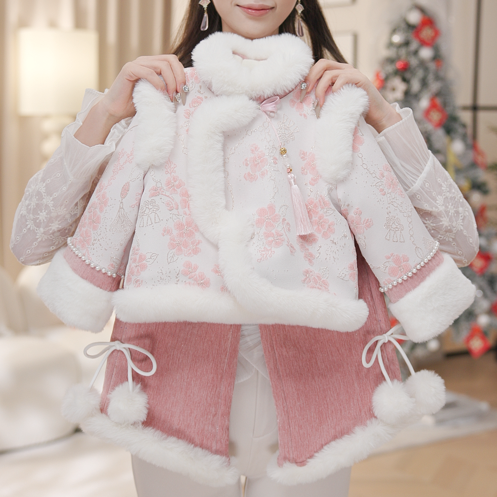 女童新款冬季新中式加绒加厚唐装棉袄女孩国风阔腿裤两件套D68839