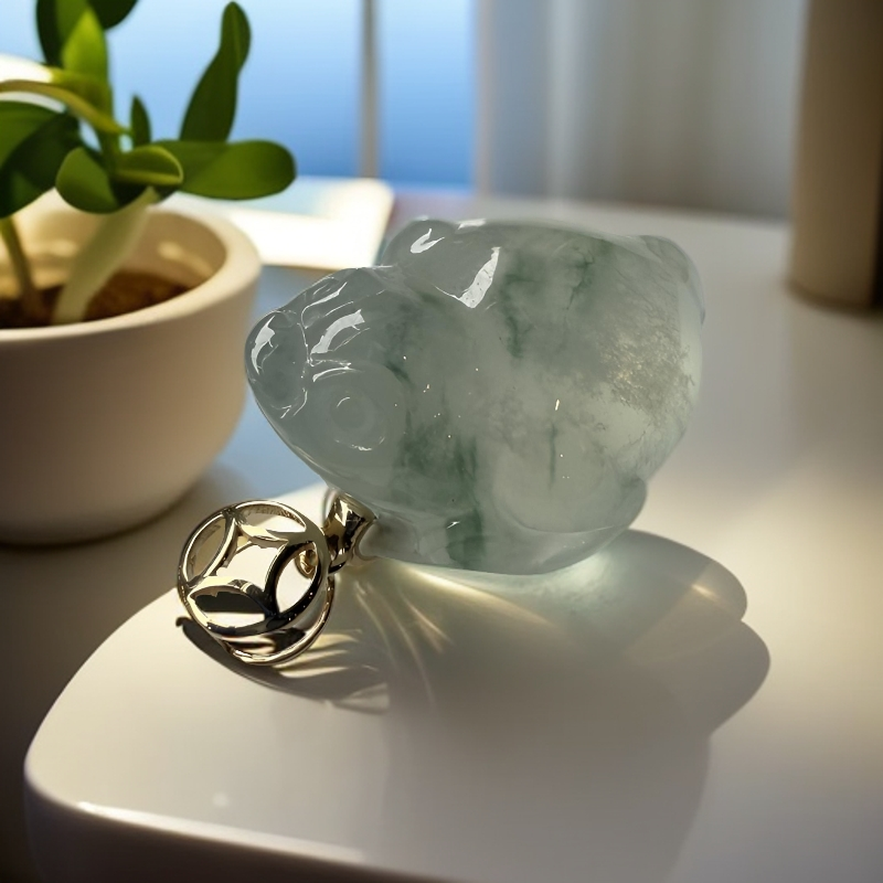 翡翠金蟾吊坠 18k金扣头 缅甸翡翠 冰种飘花 精雕