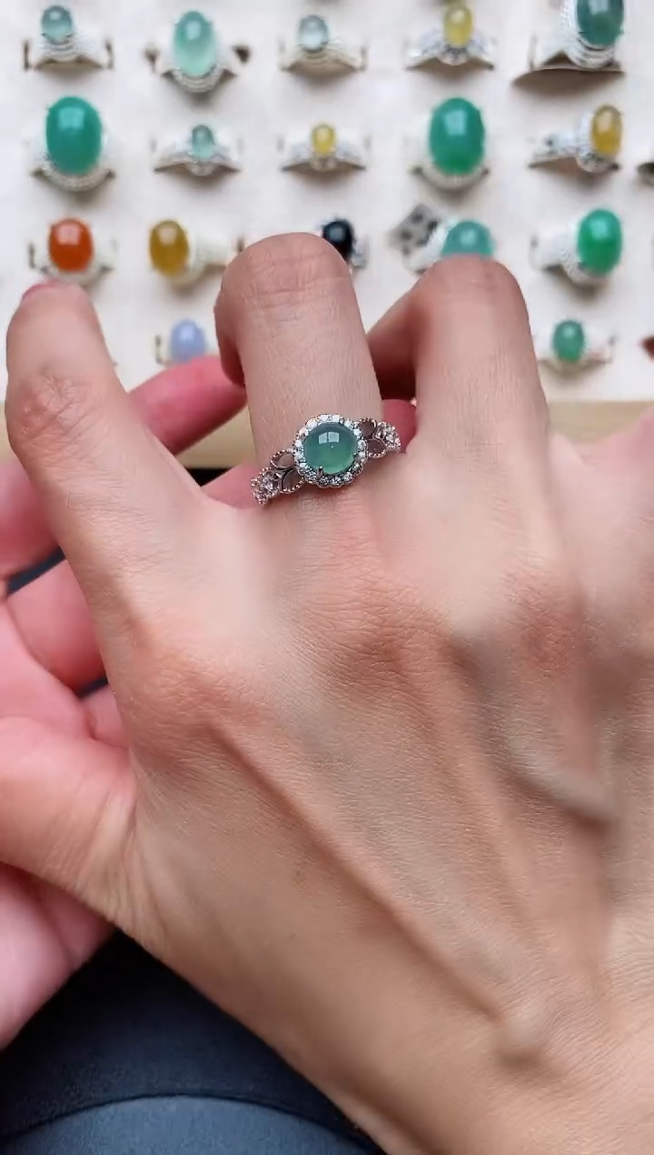 【闪购商品】翡翠戒指银S925镶嵌缅甸天然A货翡翠222   5-2