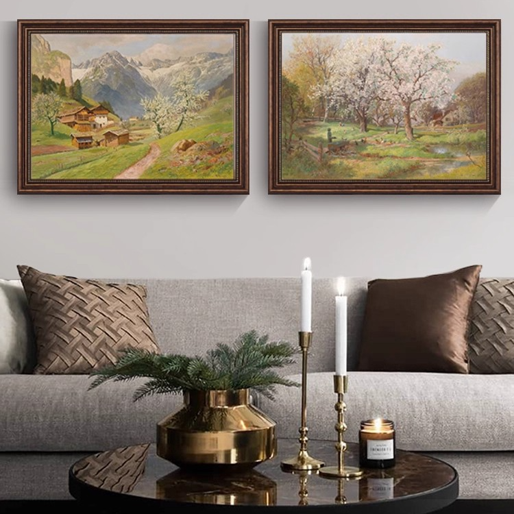 《春日山谷》美式装饰画复古客厅沙发背景墙挂画横版风景餐厅壁画