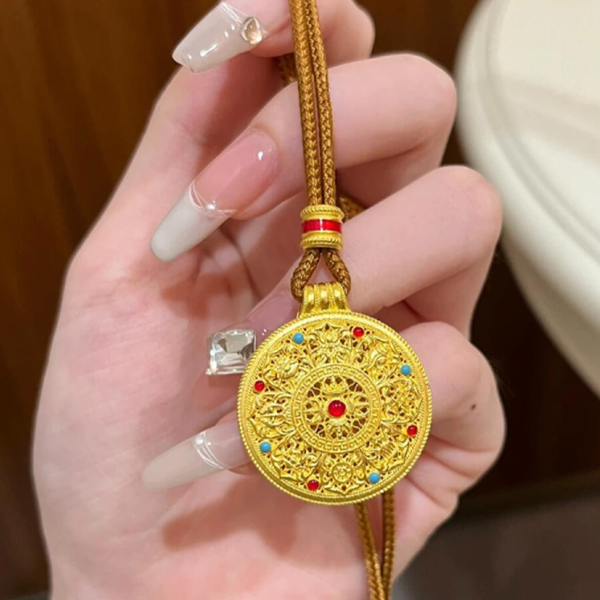 坠链均足银 金包999足银珐琅厚包吉祥八宝罗盘项链女古法花丝吊坠