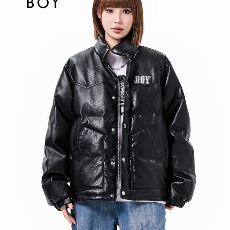 BOYLONDON情侣棉服短款2025年冬新款潮流暗纹压花仿皮棉衣N29021