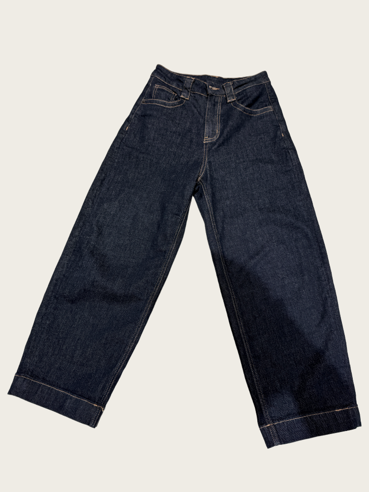 黑蓝翻边显瘦版型超好宽松牛仔裤