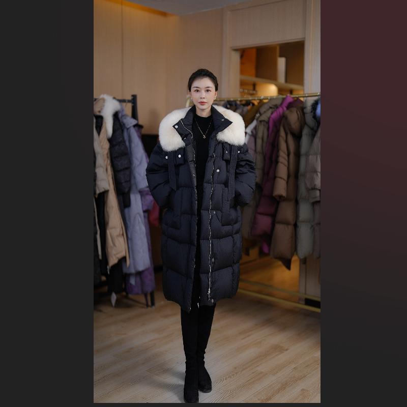 【23091】狐狸毛领高填充白鹅绒保暖新款中长款羽绒服