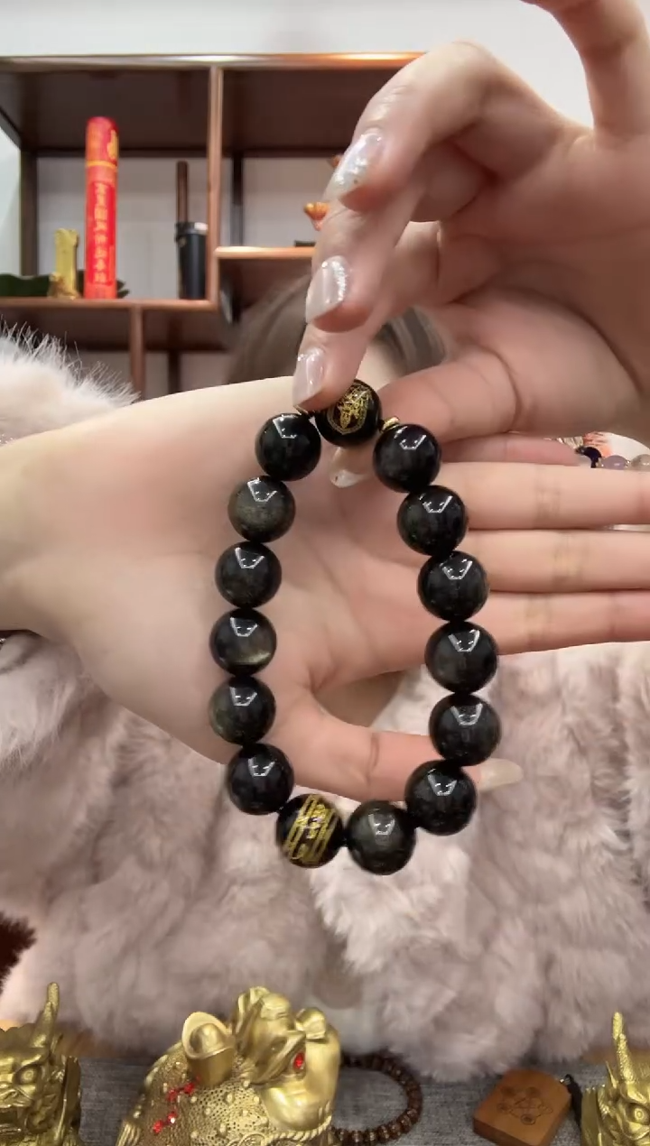 未镶嵌黑曜岩手链JYS-BMF-13-金曜石14mm