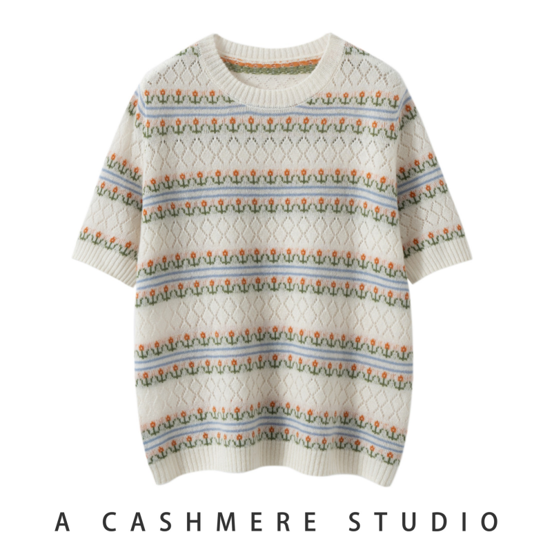 羊范圆领镂空100纯山羊绒短袖女士夏季新款百搭郁金香提花针织T恤