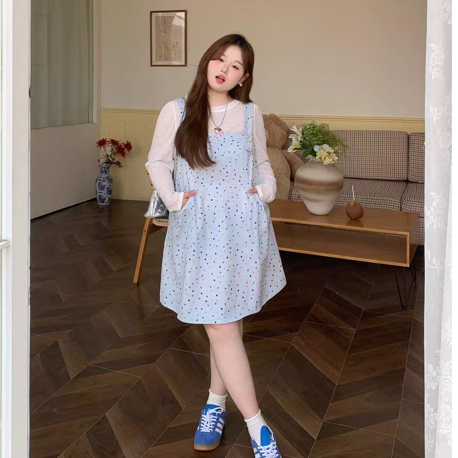 大码波点背带裙女装定制宽松洋气连衣裙春装微胖两件套8829/8826