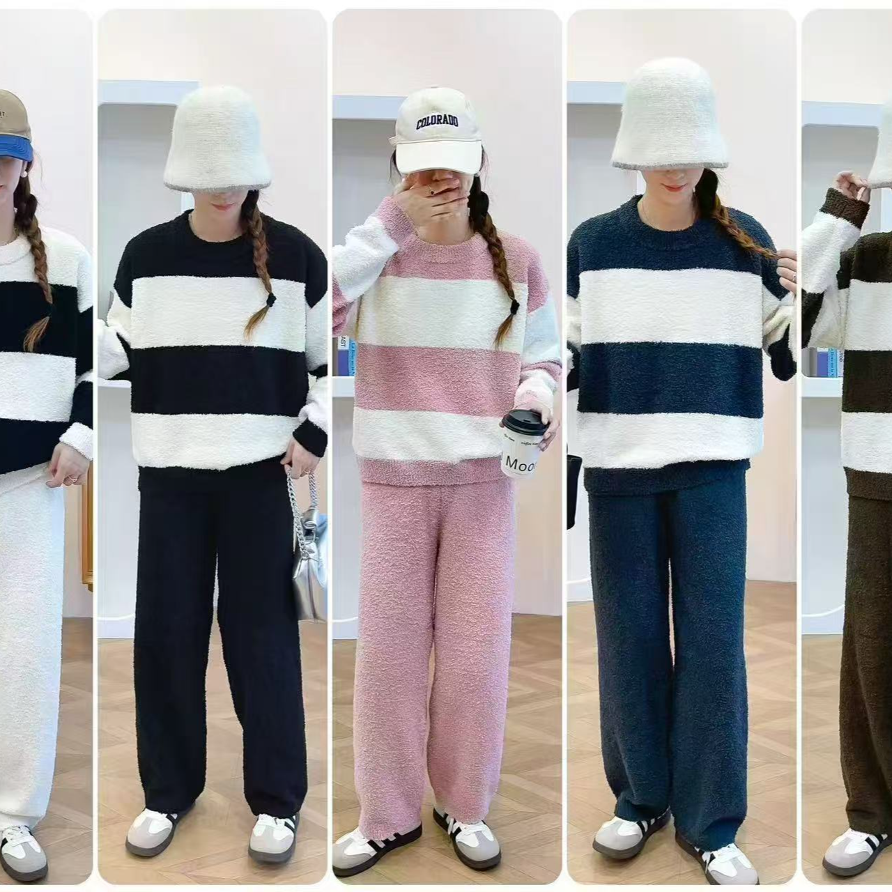 软绵绵条纹套头素色可家居可外出套装