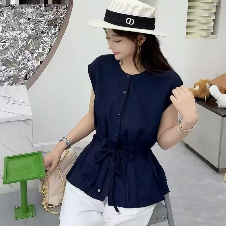 小飞袖无袖腰带收腰衬衫（020）