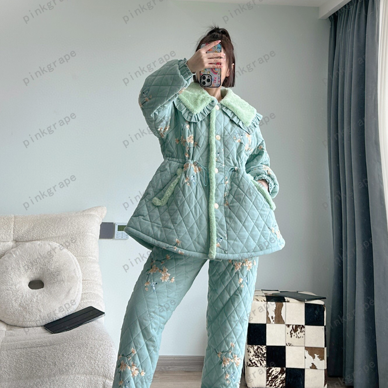 pinkgrape睡衣女冬季零下防静电加厚保暖三层夹棉家居套装2478710